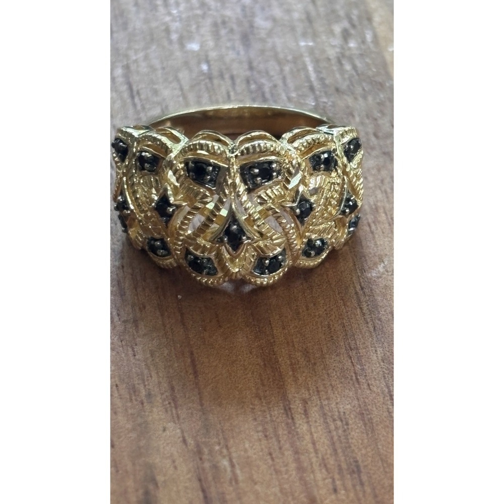 Vintage Sterling Gold Vermeil Engraved Filigree Black Tourmaline Band Ring Sz 8
